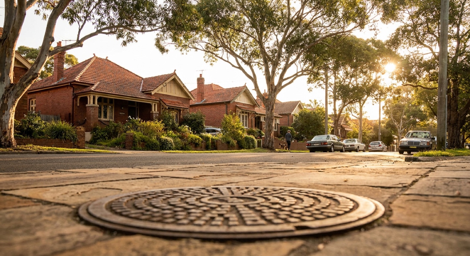 Sewer manhole cover on a footpath in front of federation homes on a Sydney street