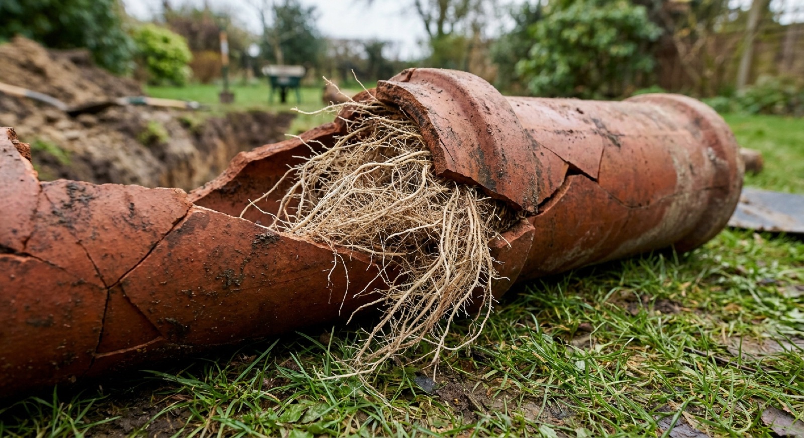 Cracked terracotta clay sewer pipe with a dense mass of tree roots growing through the joint