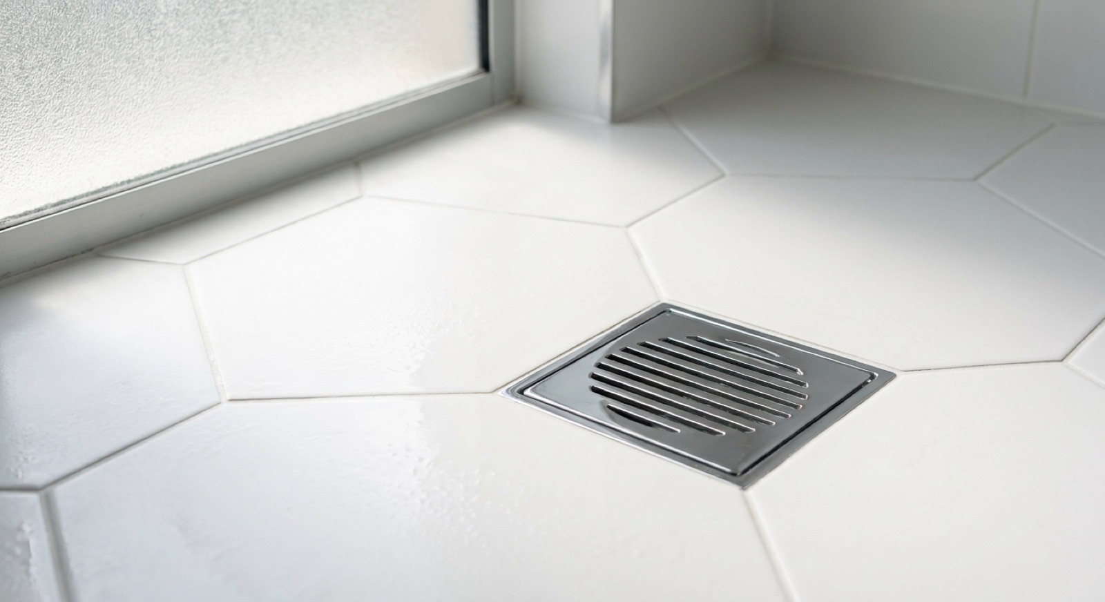 Chrome floor drain in a white-tiled Australian bathroom