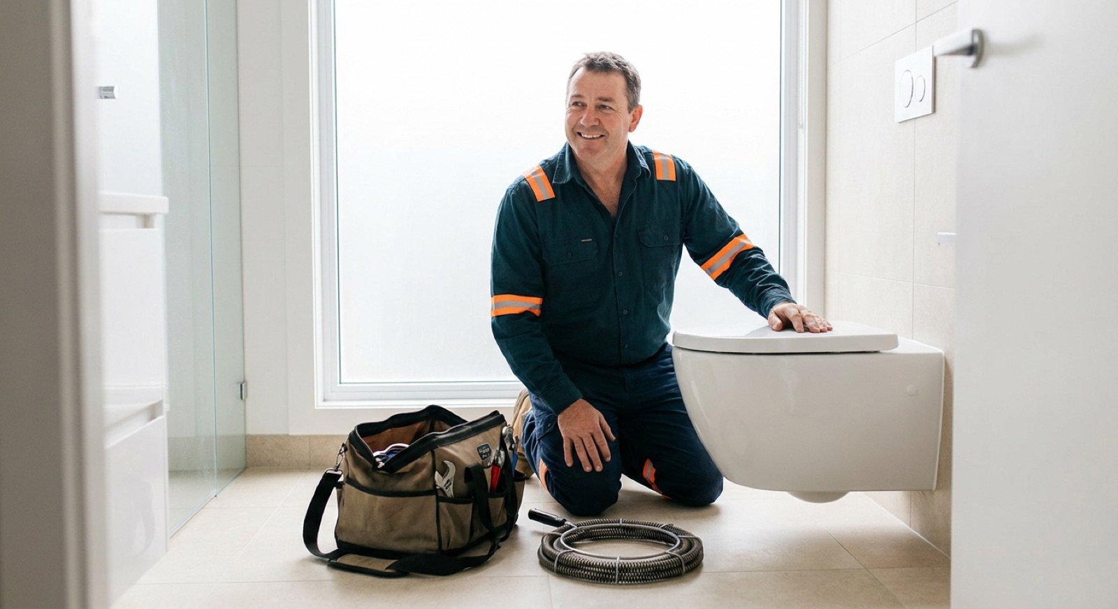 Plumber kneeling beside a toilet in a modern Australian bathroom with tools ready