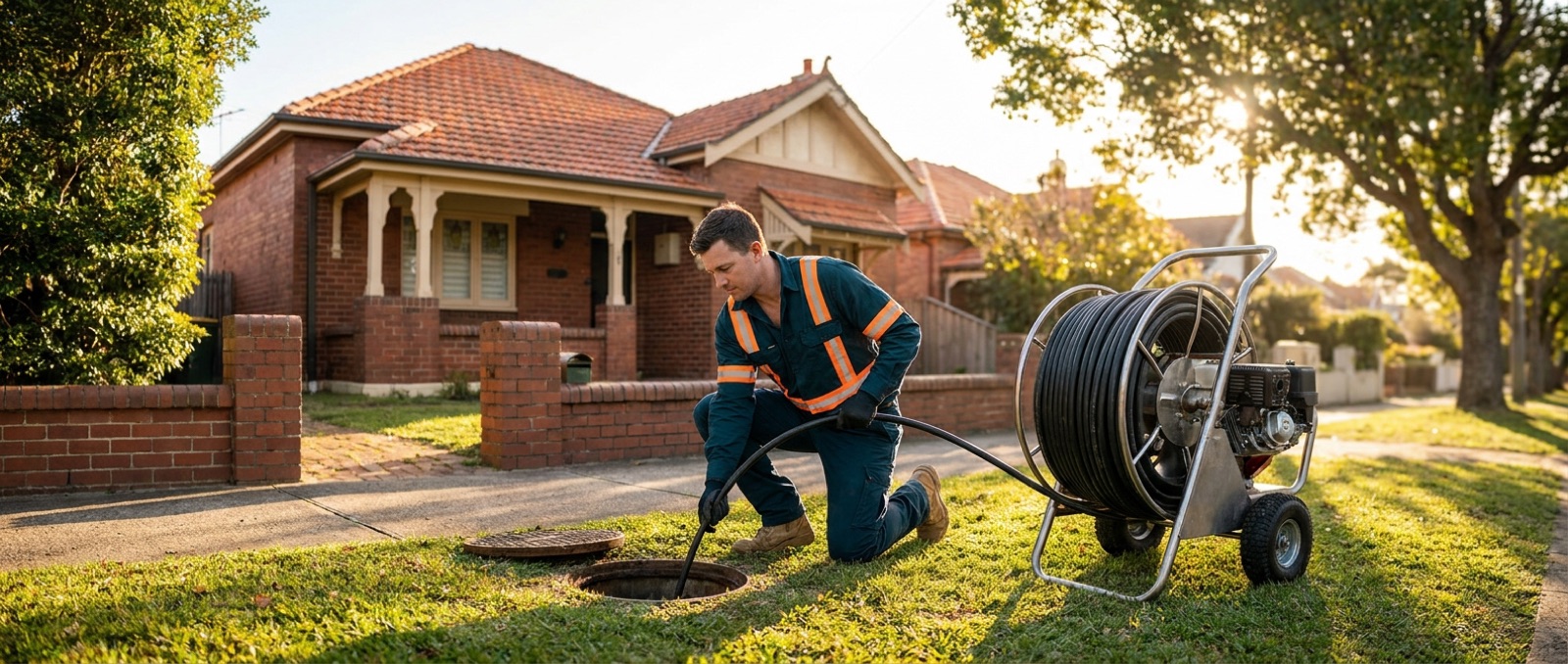We Love Sewers plumber clearing a sewer line with a high-pressure water jetter at a Sydney home