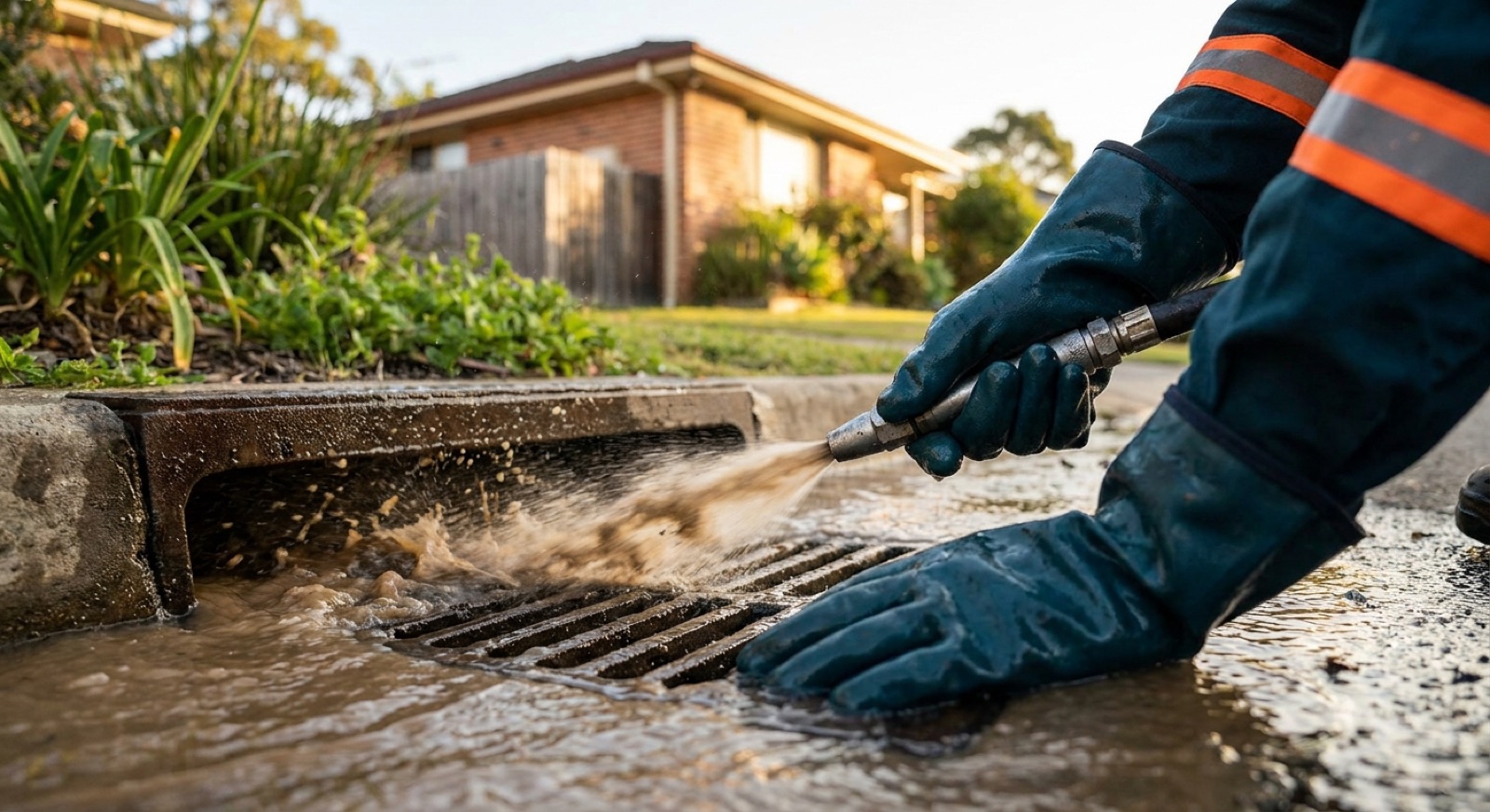 Plumber clearing a blocked outdoor drain with a high-pressure jetter
