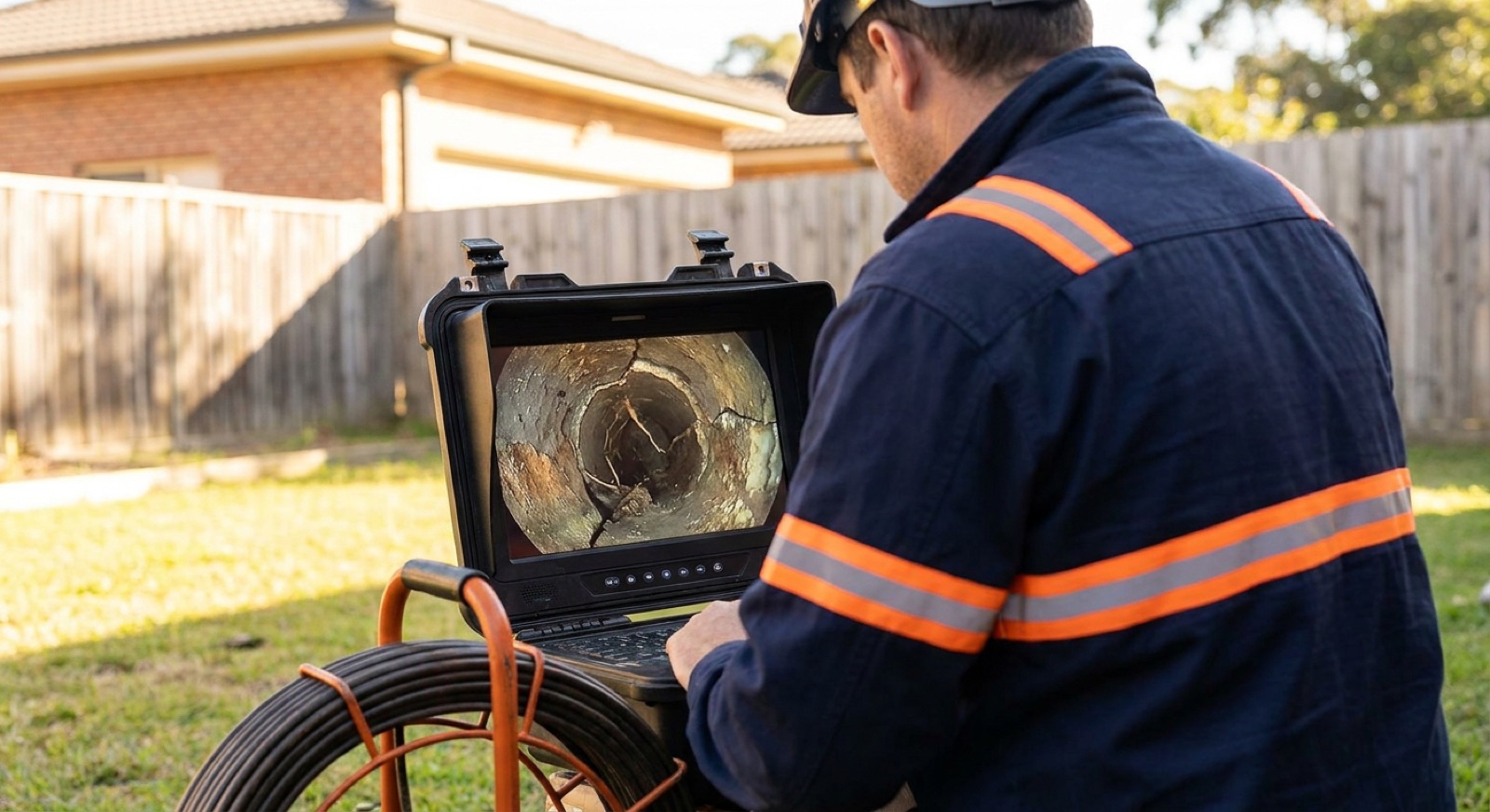 Plumber reviewing live CCTV drain camera footage of a sewer pipe