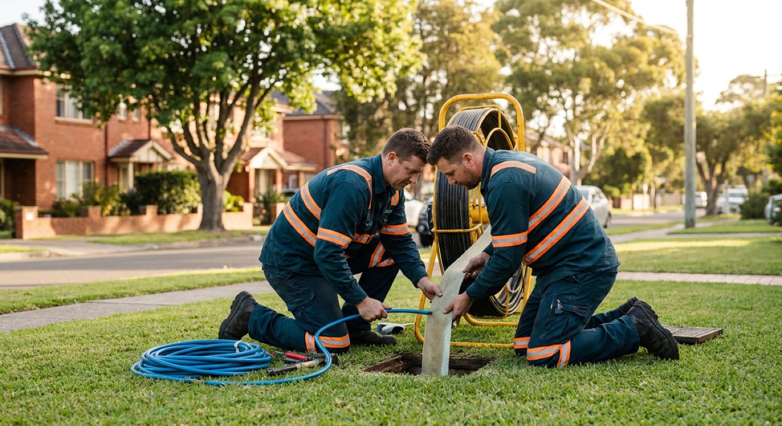 Trenchless pipe relining rig feeding a new liner into a sewer access point