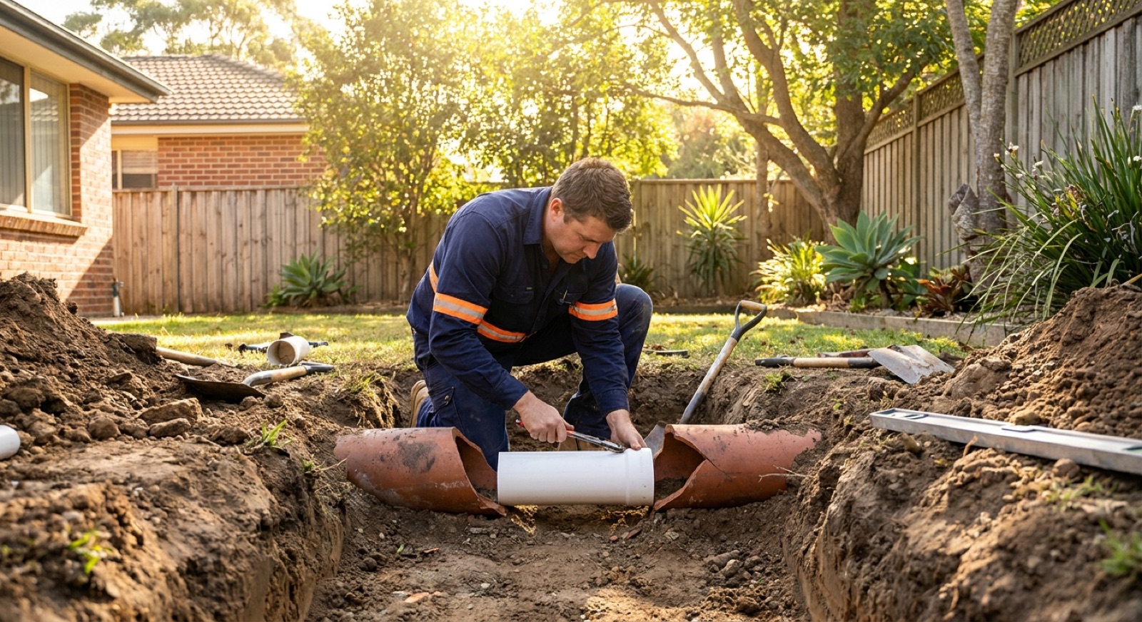 Excavated sewer line showing a cracked clay pipe being replaced