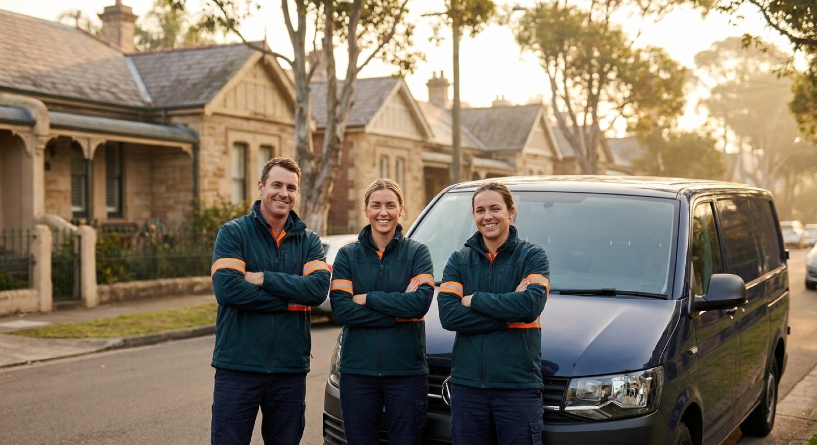The We Love Sewers team standing beside their service van